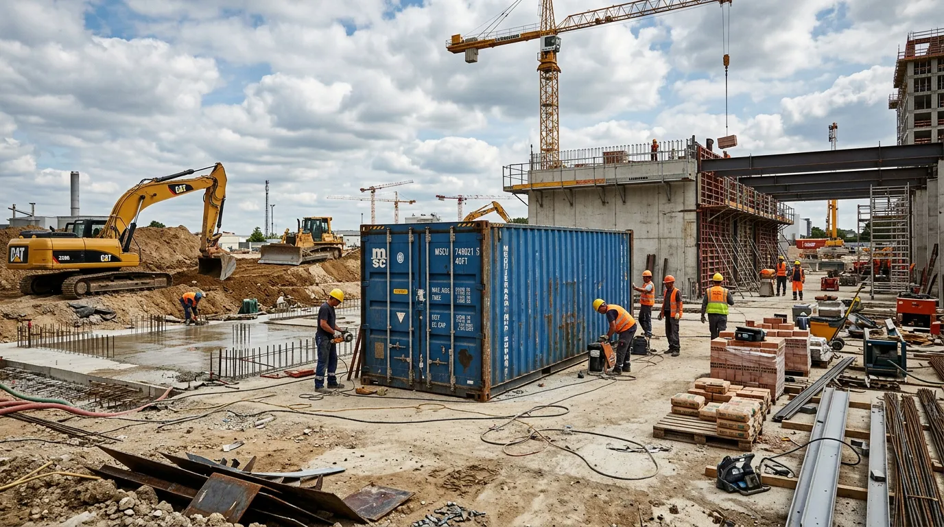 Shipping container on a construction site
